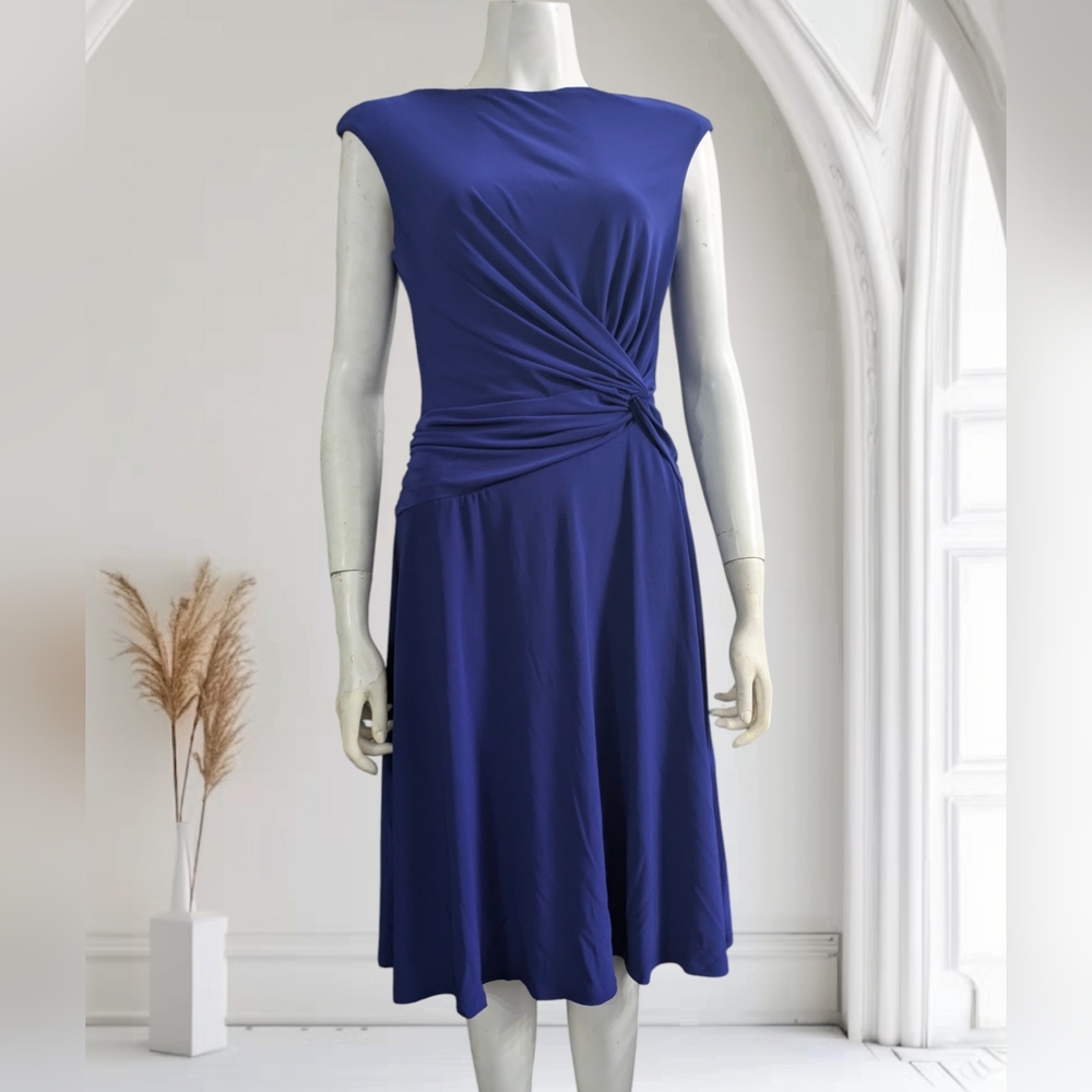 Lauren Ralph Lauren Twist-Front Jersey Dress Boat-Neck Navy Blue Midi Dress Sz10